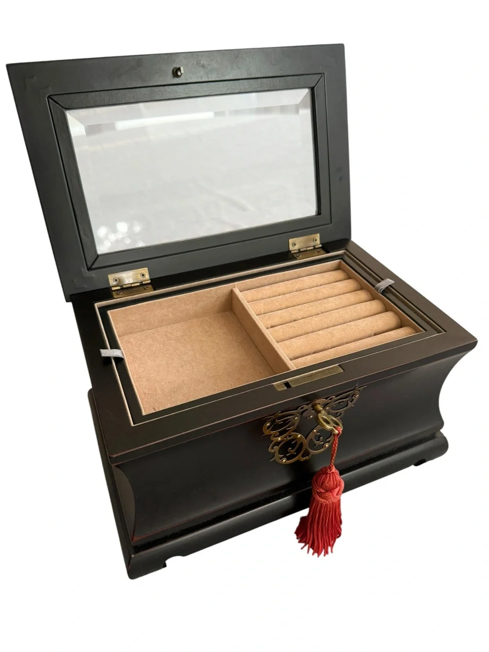 Vintage Asian Black Lacquer Wooden Jewelry Box Glass Top Key Tassel Brass